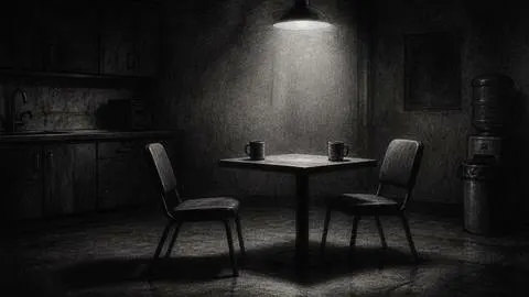 Illustration of an empty break room, two chairs and two coffee cups