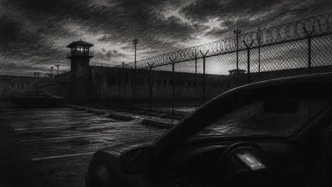 Illustration of a prison behind razor wire, a phone glowing on a car dashboard