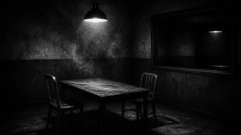 Illustration of an empty interrogation room under a single lamp