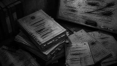 Illustration of stacked, crossed-out case files