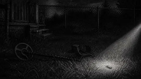 Illustration of a flashlight beam finding a bullet in the grass