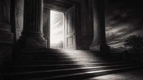 Illustration of open courthouse doors pouring light onto empty steps