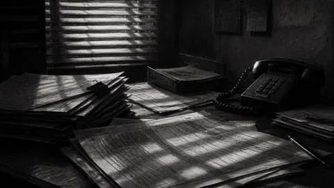 Illustration of a desk buried in official reports and forms