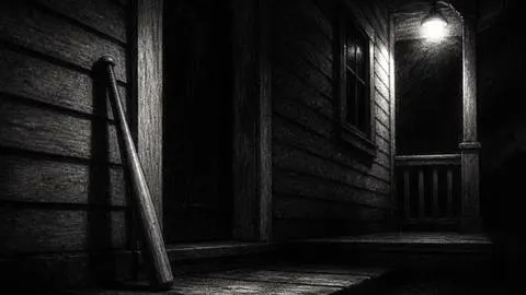 Illustration of a baseball bat by a shadowed doorway