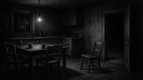 Illustration of an empty kitchen, a chair pulled out by an open dark doorway