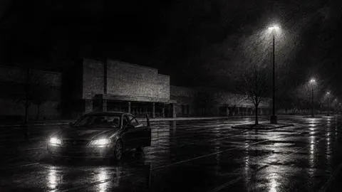 Illustration of a car waiting in an empty parking lot at night