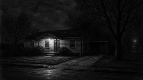 Illustration of a house at night with one porch light burning