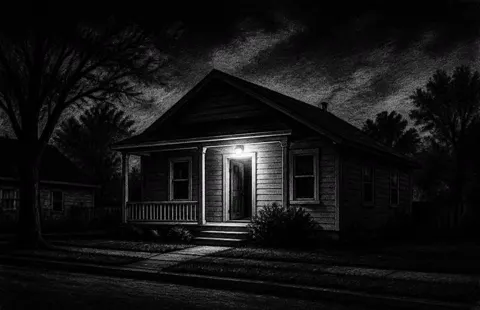 Illustration of the Thompson house at night
